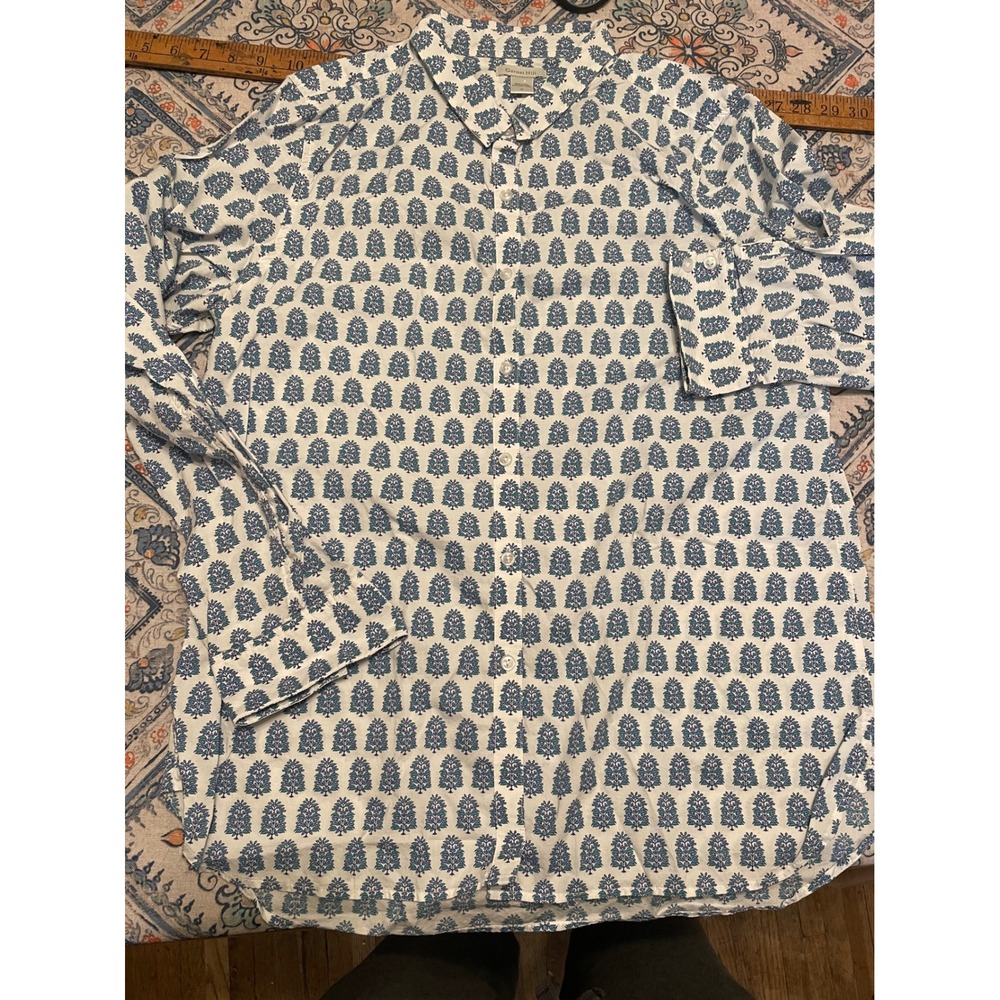 Garnet Hill Womens 14 Button Down Shirt Blue Floral Block Print Peru Cotton